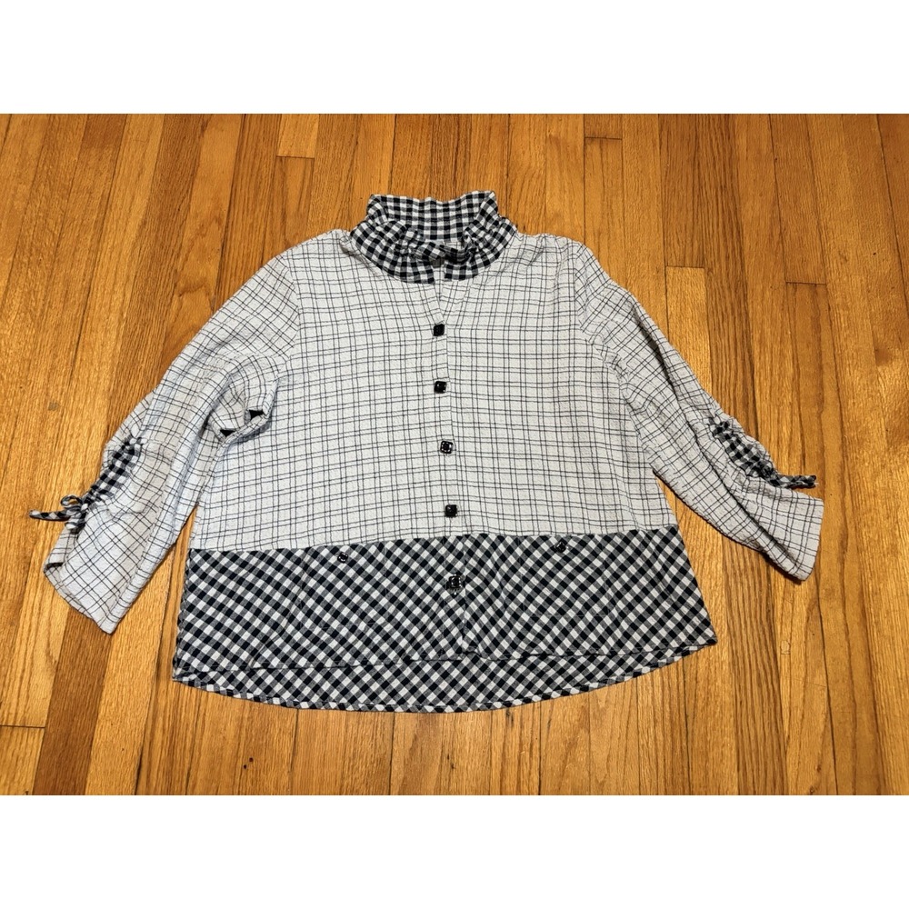 Habitat Clothes to Live In Mixed Grid Gingham Button Up Top Grey Black Boho L